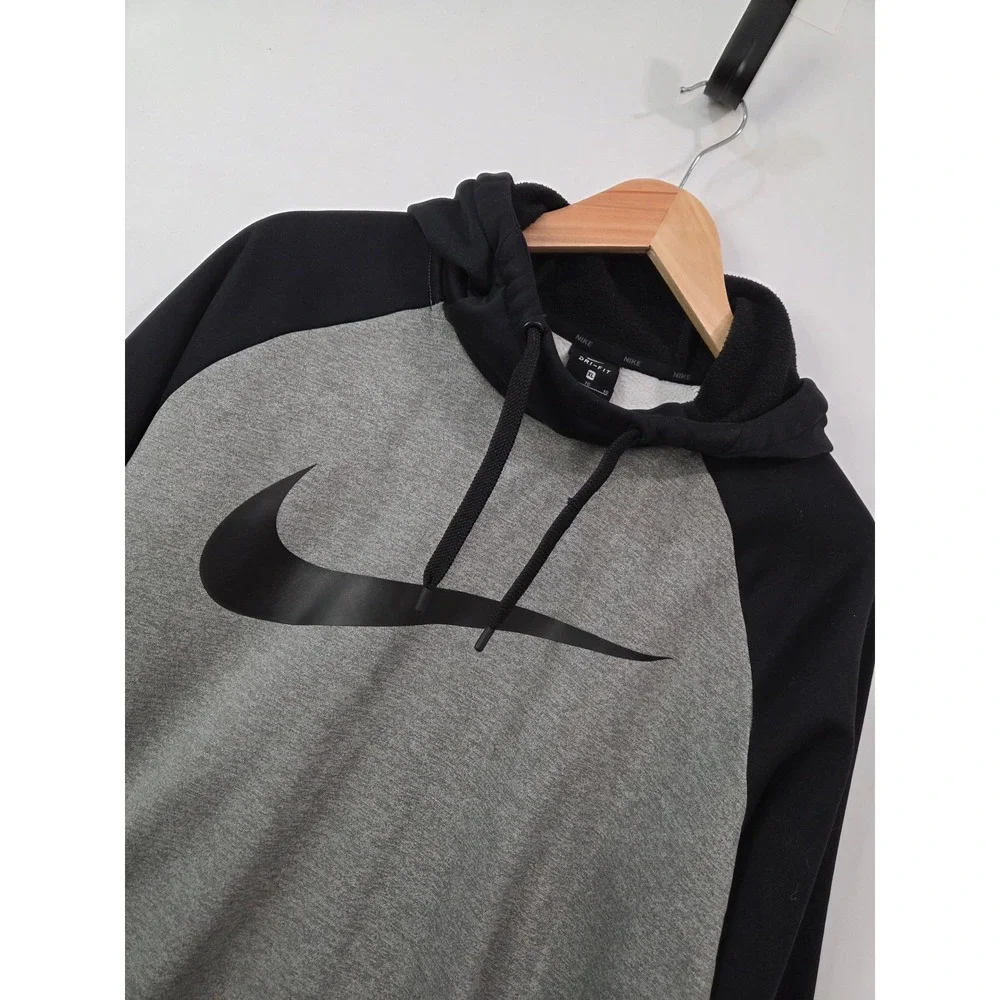 Nike Dri-FIT Therma Hoodie Mens XL Gray Black‎ Big Swoosh Pullover Sweatshirt
